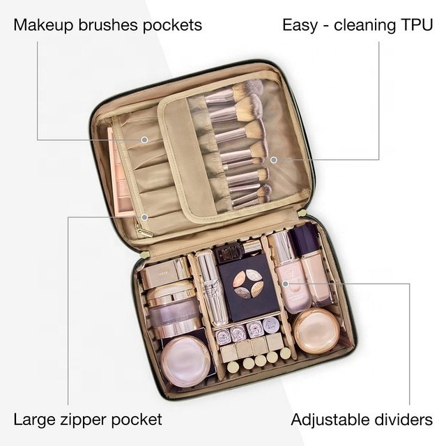 Modern Functional Double Layer Leather make-up bag Travel Portable Cosmetic Case Bag