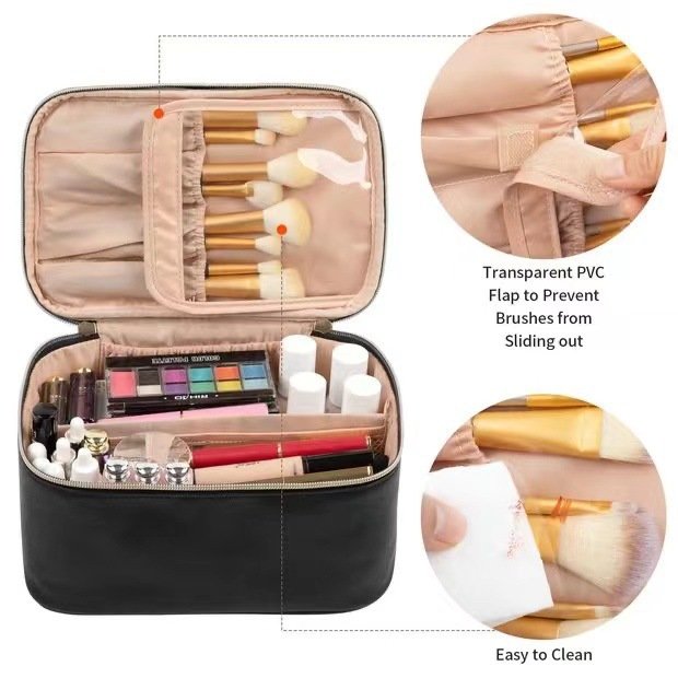 Custom Logo Large Capacity Makeup Zipper Bag Water-proof Luxury Toiletries Skin Care Case Leather Travel Cosmetics Bag