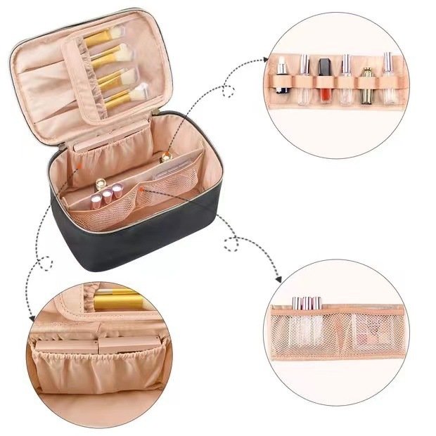 Custom Logo Large Capacity Makeup Zipper Bag Water-proof Luxury Toiletries Skin Care Case Leather Travel Cosmetics Bag