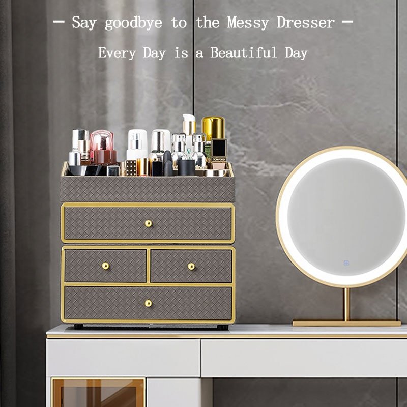 Frins Classic Design Leather Fitted Vanity Cases Storage Organizer Makeup Storage Bins with Drawers Cosmetic Desktop Cabinets