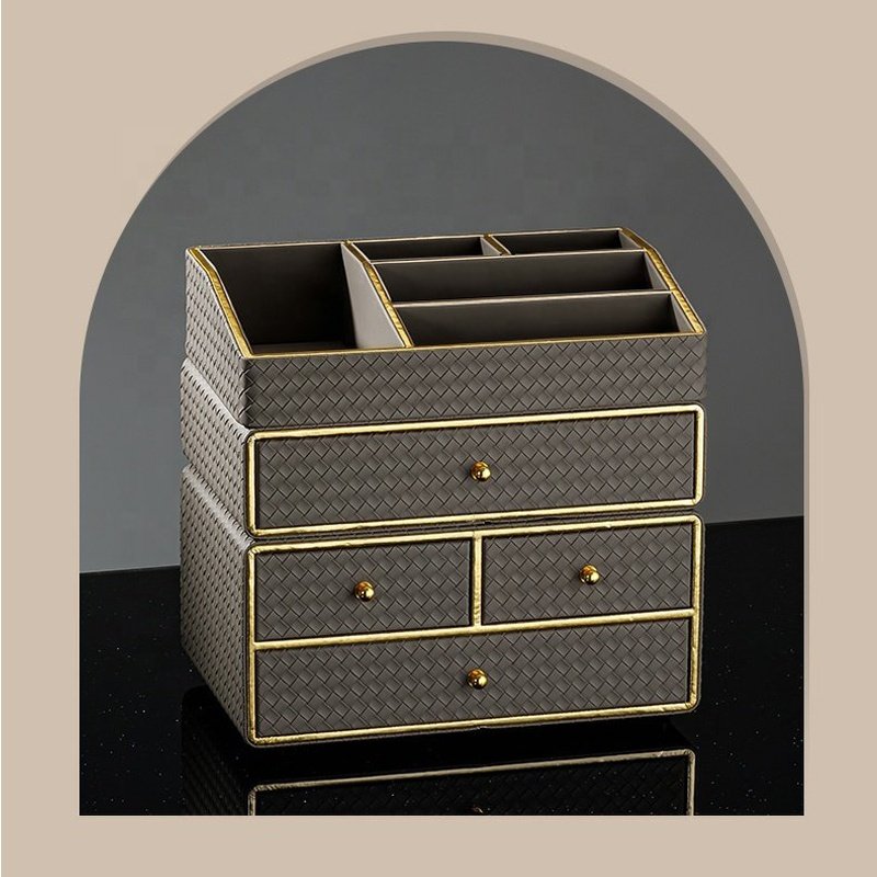 Frins Classic Design Leather Fitted Vanity Cases Storage Organizer Makeup Storage Bins with Drawers Cosmetic Desktop Cabinets