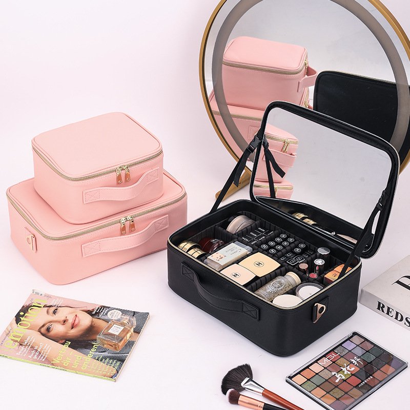 New Makeup Bag with Elevated Black Large Capacity Portable Beauty Cosmetics Partition Storage Box with Mirrors