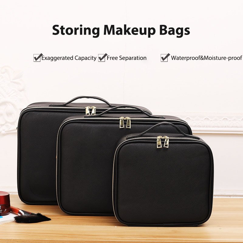 New Makeup Bag with Elevated Black Large Capacity Portable Beauty Cosmetics Partition Storage Box with Mirrors