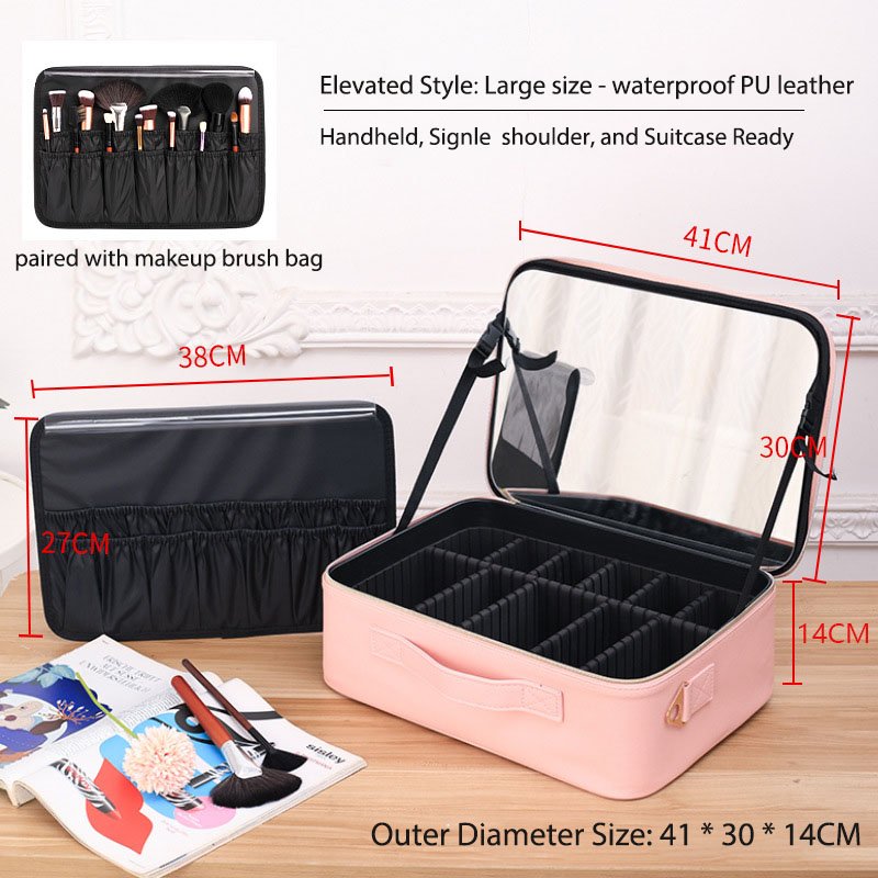 New Makeup Bag with Elevated Black Large Capacity Portable Beauty Cosmetics Partition Storage Box with Mirrors