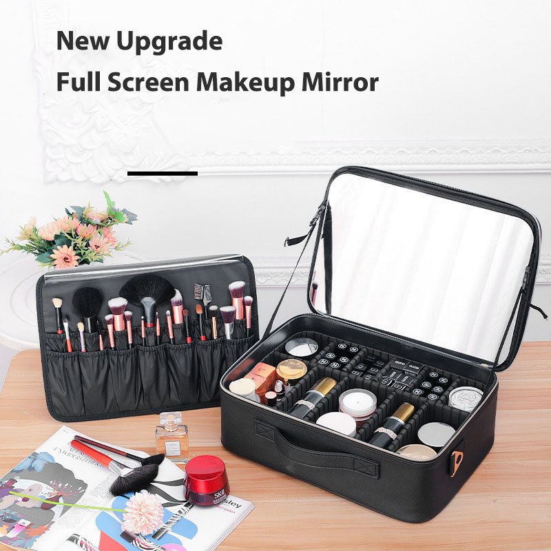 New Makeup Bag with Elevated Black Large Capacity Portable Beauty Cosmetics Partition Storage Box with Mirrors