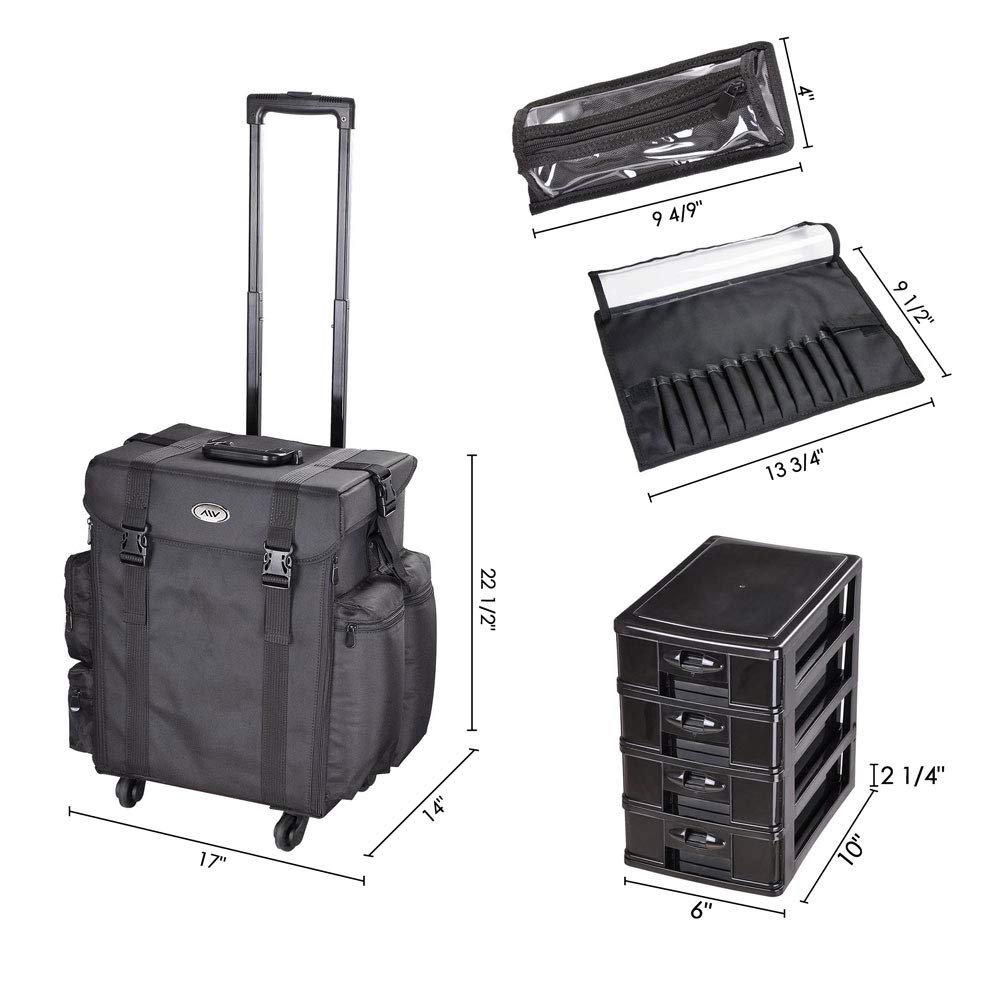 Soft Makeup Artist Rolling Trolley Cosmetic Case with Free Set of Mesh Bags - Jet Black