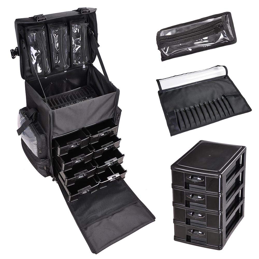 Soft Makeup Artist Rolling Trolley Cosmetic Case with Free Set of Mesh Bags - Jet Black