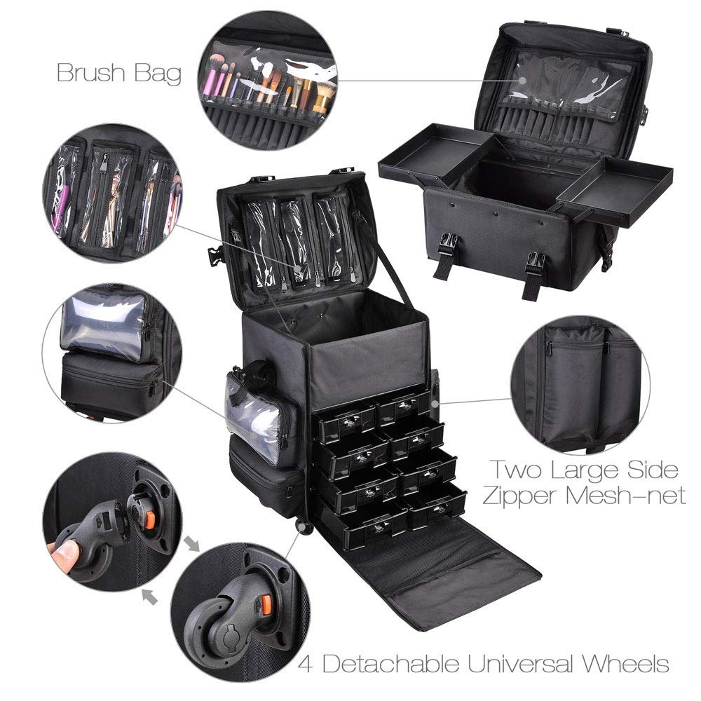 Soft Makeup Artist Rolling Trolley Cosmetic Case with Free Set of Mesh Bags - Jet Black