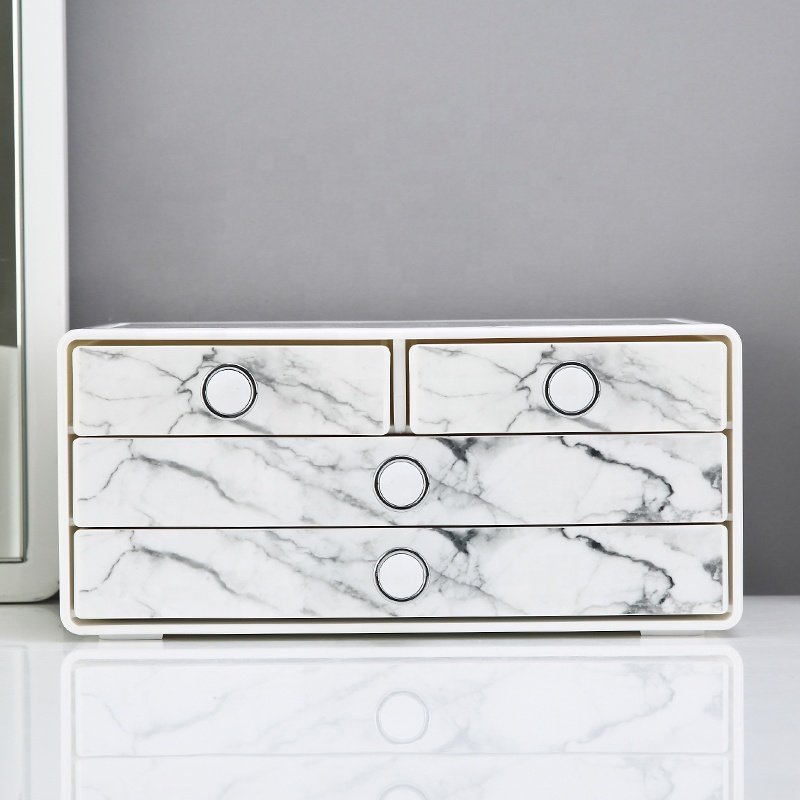 Luxury drawer design 3tier small cosmetic case holder plastic marble makeup organizer for dressing table
