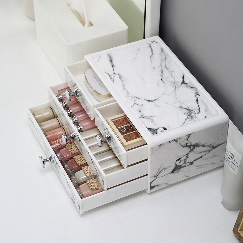 Luxury drawer design 3tier small cosmetic case holder plastic marble makeup organizer for dressing table