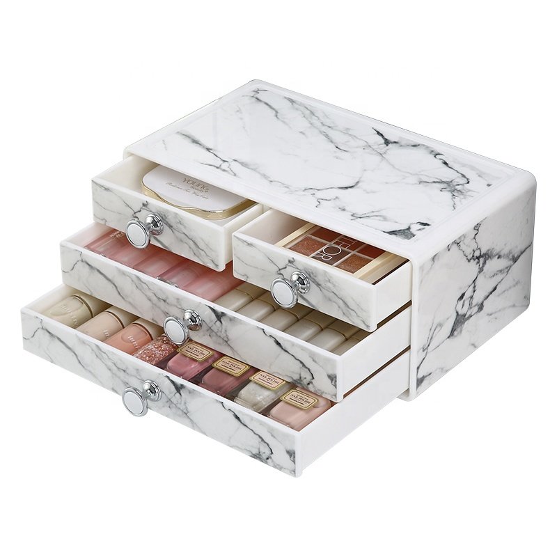 Luxury drawer design 3tier small cosmetic case holder plastic marble makeup organizer for dressing table