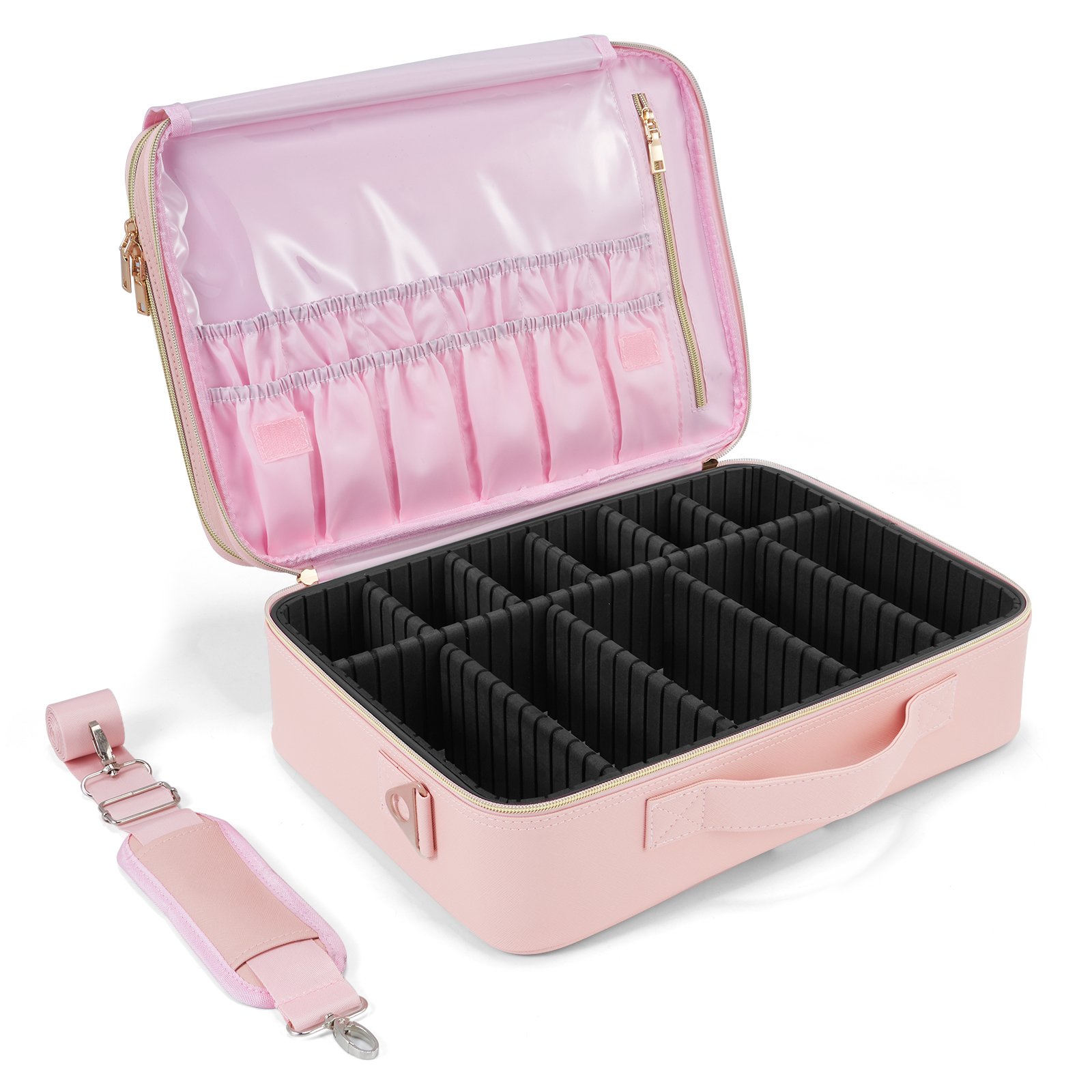 Extra Large Makeup Case Professional Cosmetic Train Case 3 Layer Large Travel Cosmetic Organizer with Adjustable Strap