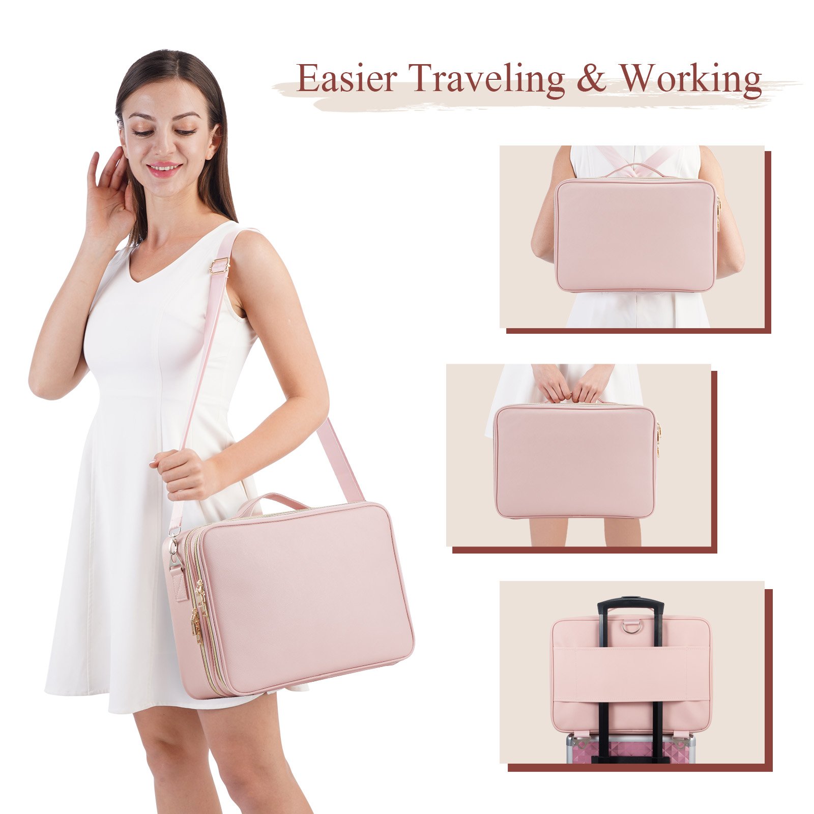 Extra Large Makeup Case Professional Cosmetic Train Case 3 Layer Large Travel Cosmetic Organizer with Adjustable Strap