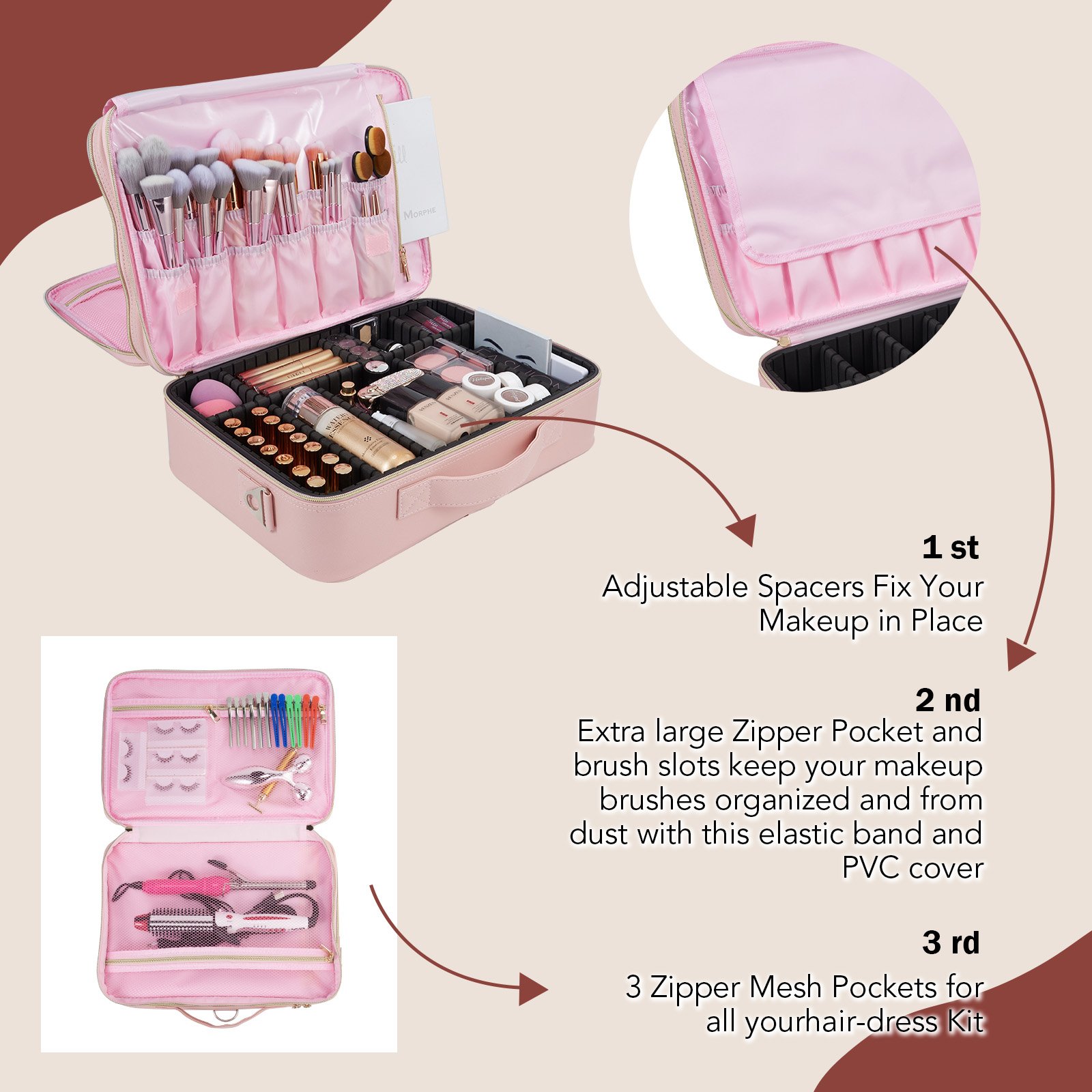 Extra Large Makeup Case Professional Cosmetic Train Case 3 Layer Large Travel Cosmetic Organizer with Adjustable Strap