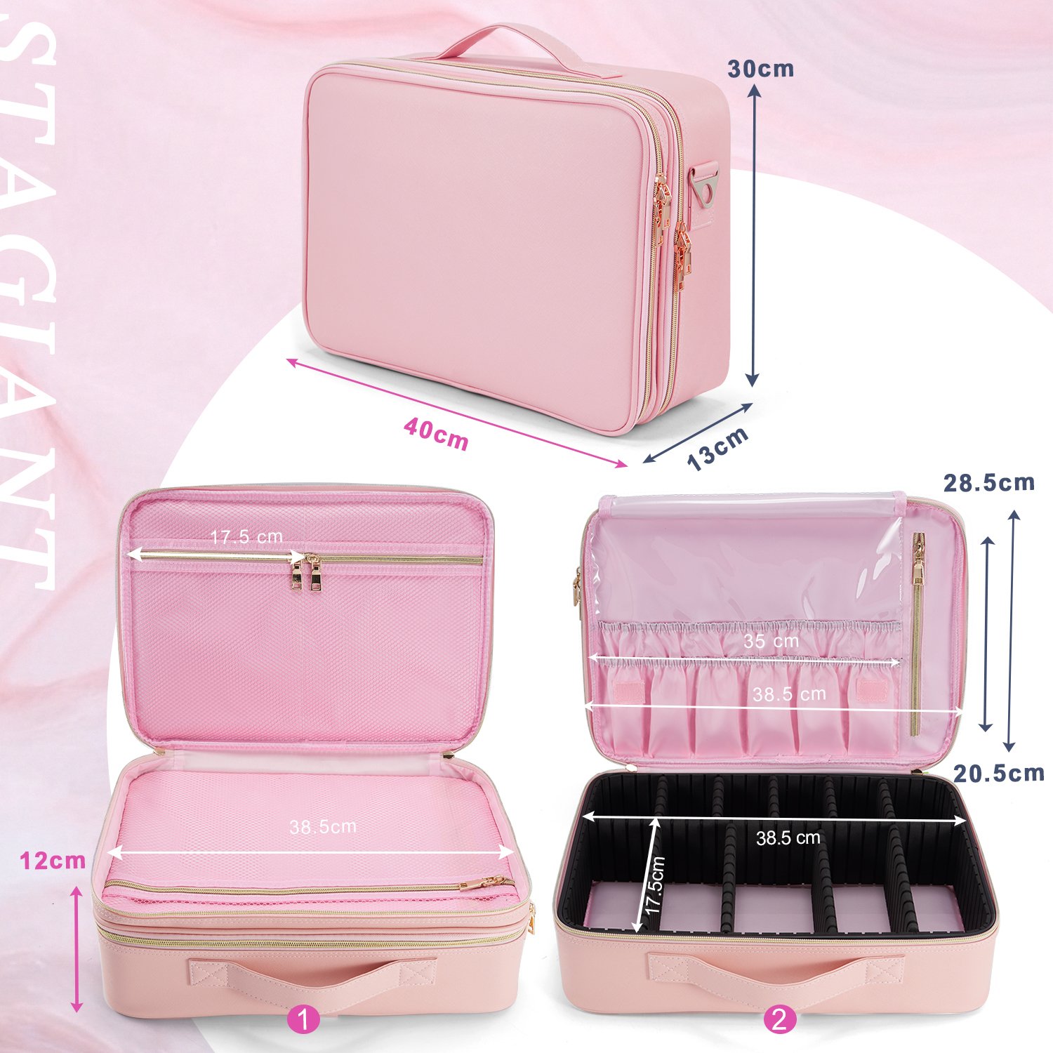 Extra Large Makeup Case Professional Cosmetic Train Case 3 Layer Large Travel Cosmetic Organizer with Adjustable Strap