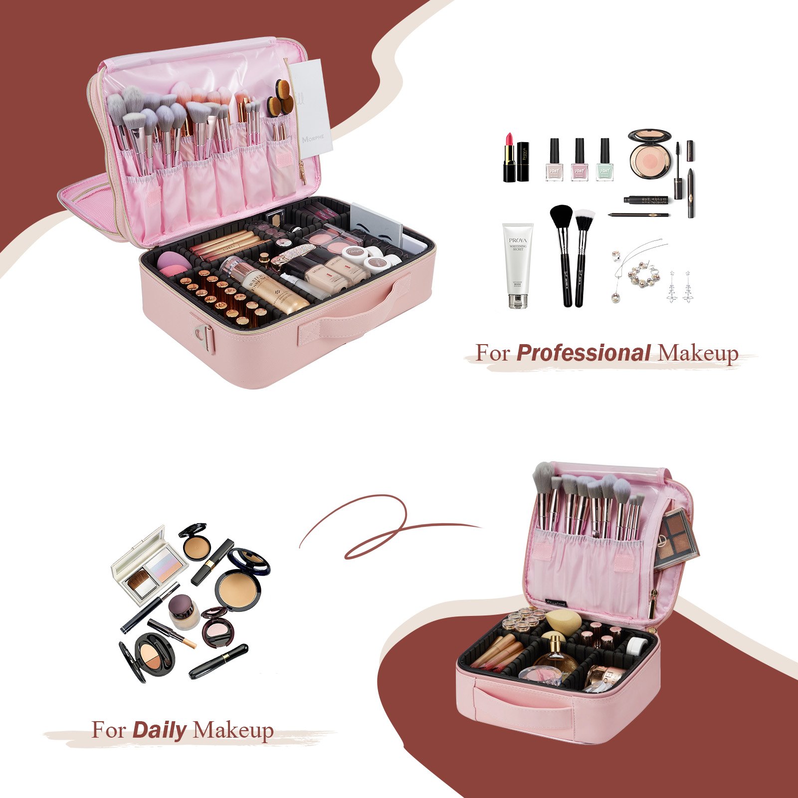 Extra Large Makeup Case Professional Cosmetic Train Case 3 Layer Large Travel Cosmetic Organizer with Adjustable Strap