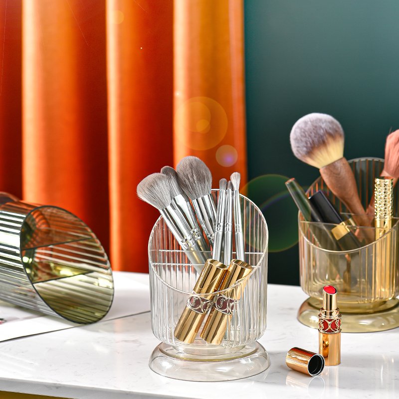 Vintage Stripe Transparent Makeup Brush Holder New Design Desk Plastic Cosmetic Organizer