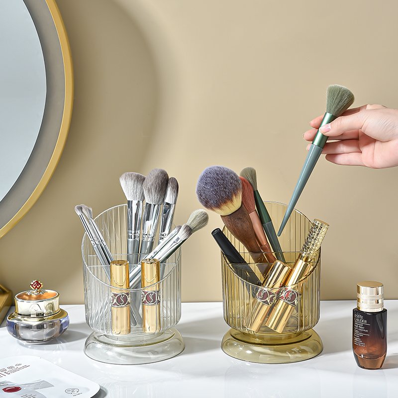 Vintage Stripe Transparent Makeup Brush Holder New Design Desk Plastic Cosmetic Organizer