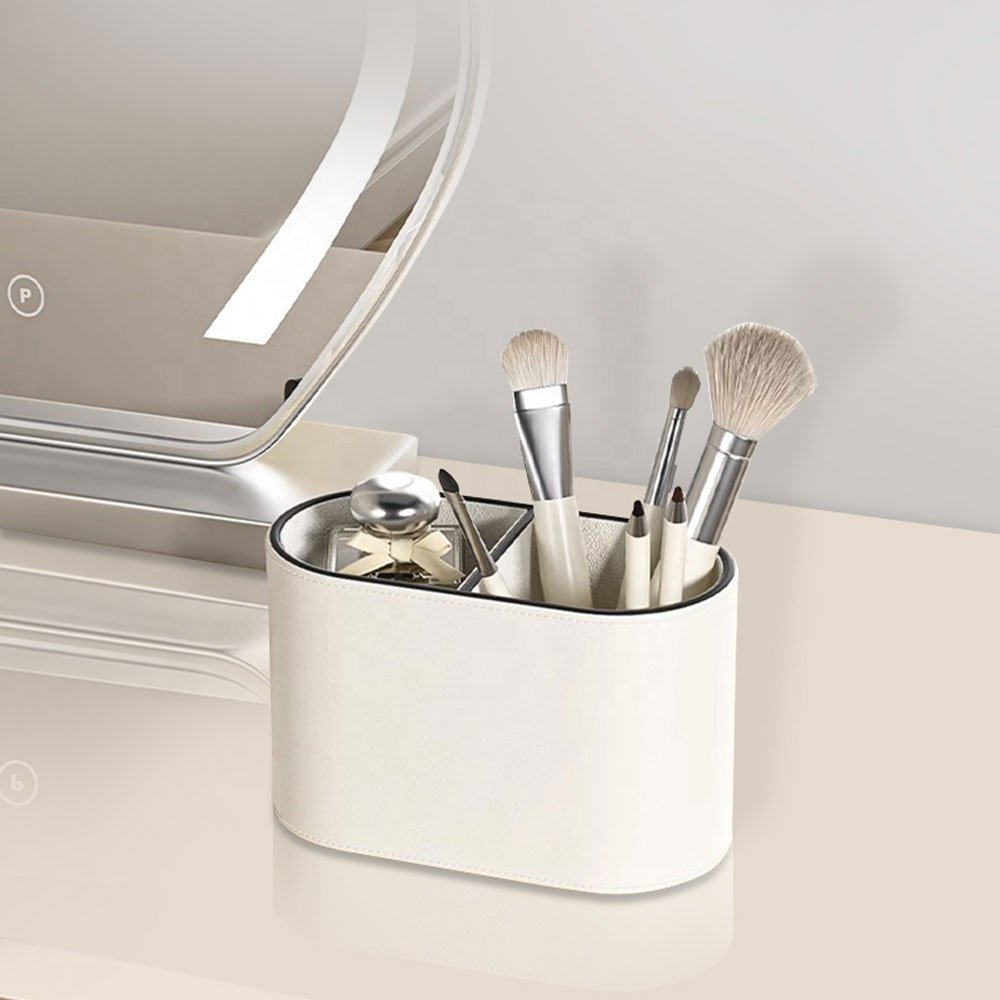 Factory Wholesale Multifunctional Leather Oval Desktop Makeup Brush Pen Holder Office Stationer Tissue Organizer Box