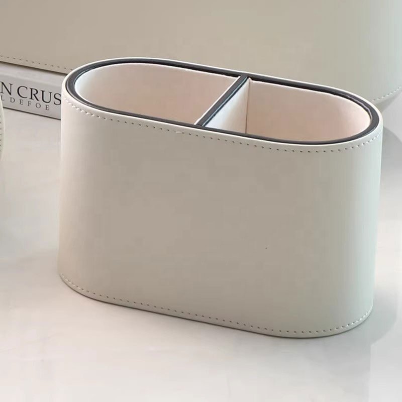 Factory Wholesale Multifunctional Leather Oval Desktop Makeup Brush Pen Holder Office Stationer Tissue Organizer Box