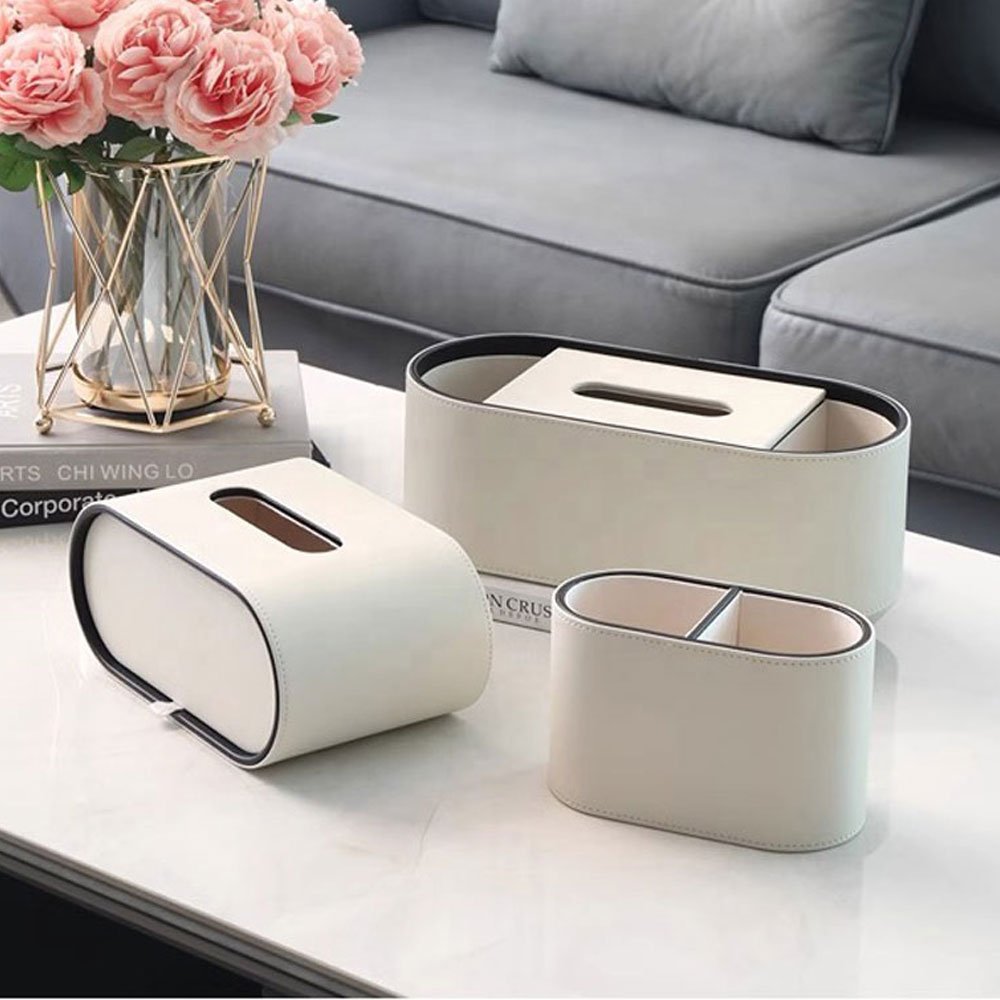 Factory Wholesale Multifunctional Leather Oval Desktop Makeup Brush Pen Holder Office Stationer Tissue Organizer Box