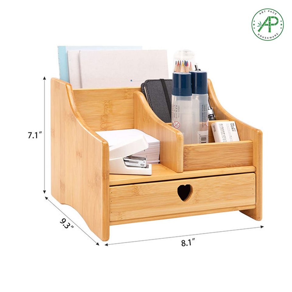 Multifunctional Custom Mini Bamboo Office Desk Organizer with Drawer for Stationery Storage