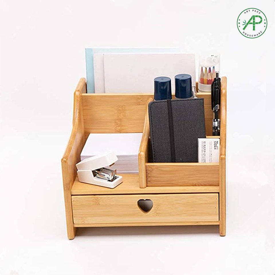 Multifunctional Custom Mini Bamboo Office Desk Organizer with Drawer for Stationery Storage