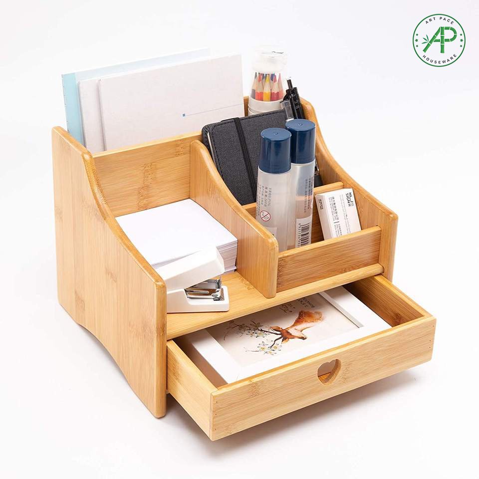 Multifunctional Custom Mini Bamboo Office Desk Organizer with Drawer for Stationery Storage