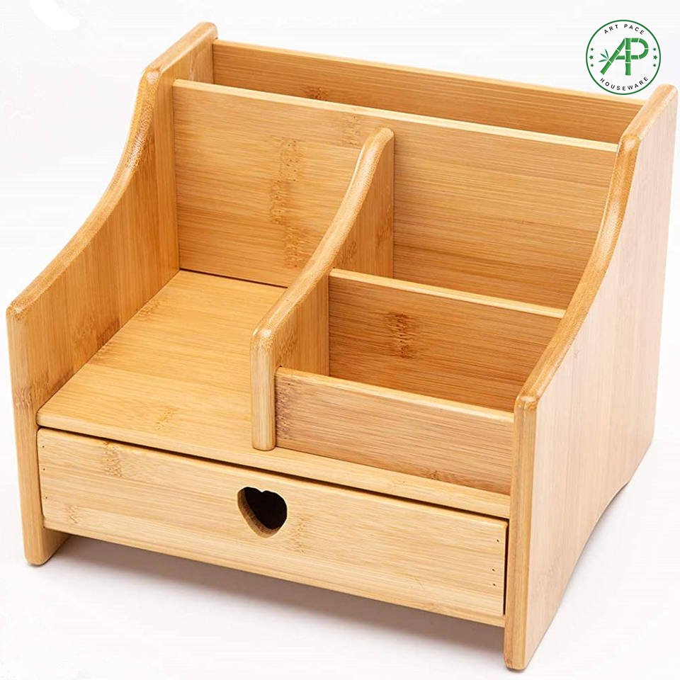 Multifunctional Custom Mini Bamboo Office Desk Organizer with Drawer for Stationery Storage