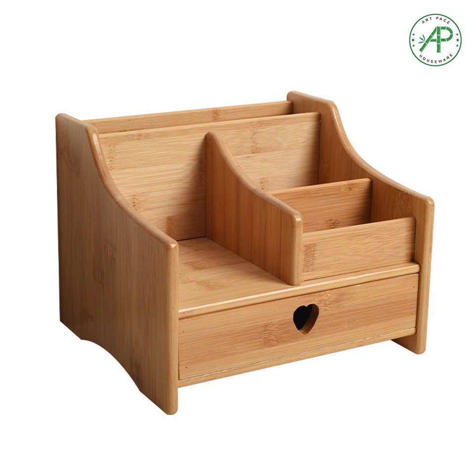 Multifunctional Custom Mini Bamboo Office Desk Organizer with Drawer for Stationery Storage