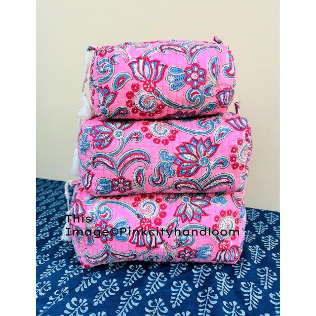 Makeup Organizer With Zipper Pure Cotton Hand Block Printed Toiletry Pouch Handmade Quilted Bag Travel Accessories Cosmetic Kit