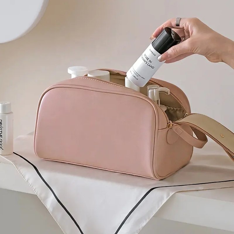 New Portable Waterproof Organize Cosmetic Bag PU Leather Hand Travel Toiletry Makeup Bag
