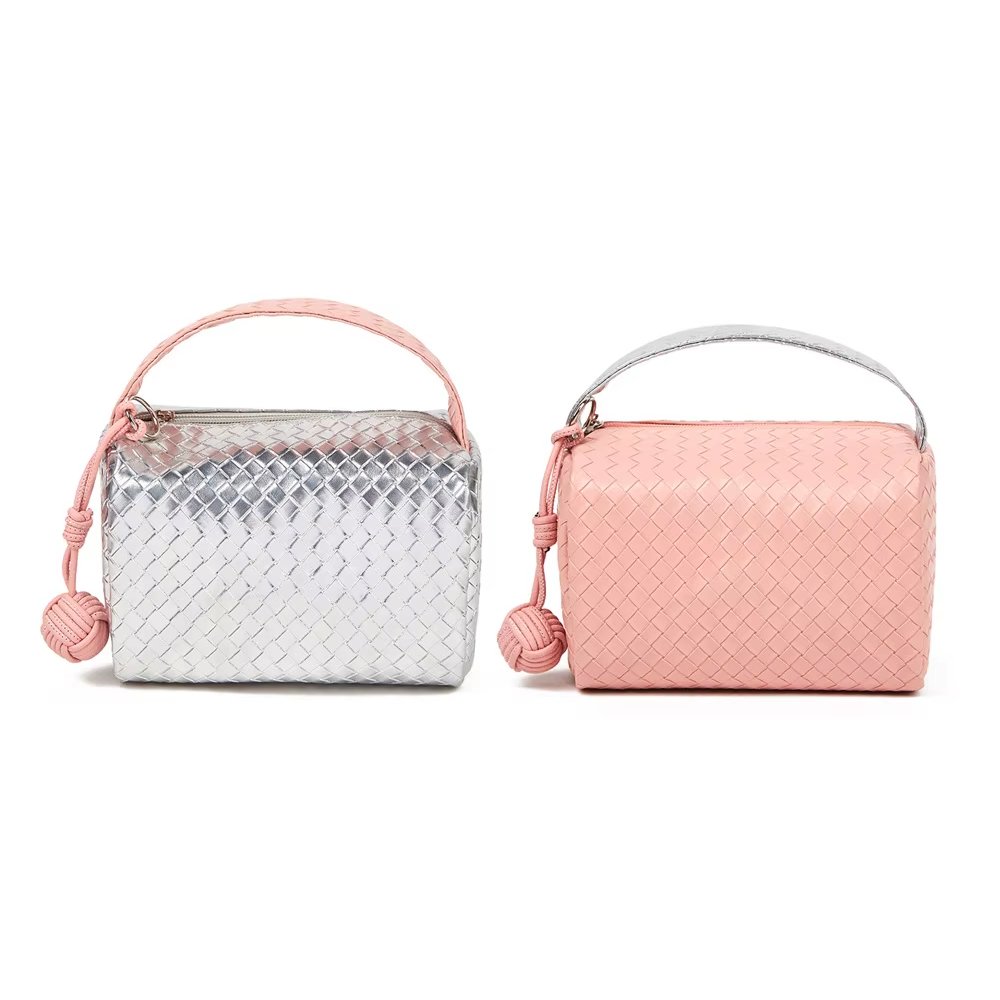 Luxurious PU Pink and Silver Woven Pattern Clutch Bag Small Square Portable Makeup Organizer Zipper Fashion Cosmetic Storage Bag