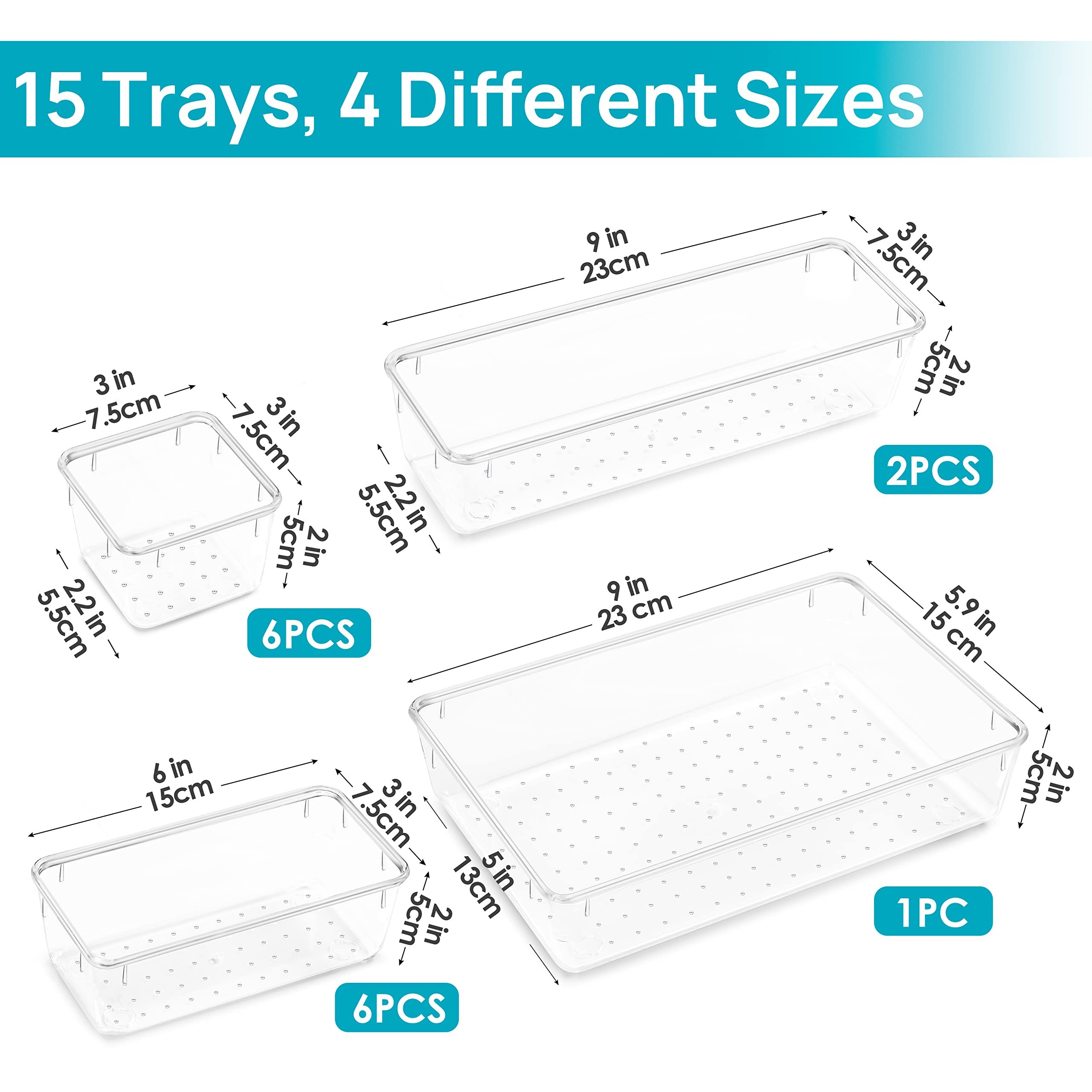 15 PCS Clear Plastic Drawer Organizers Set, 4-Size Versatile Bathroom and Vanity Drawer Organizer Trays,Bins for Makeup, Bedroom