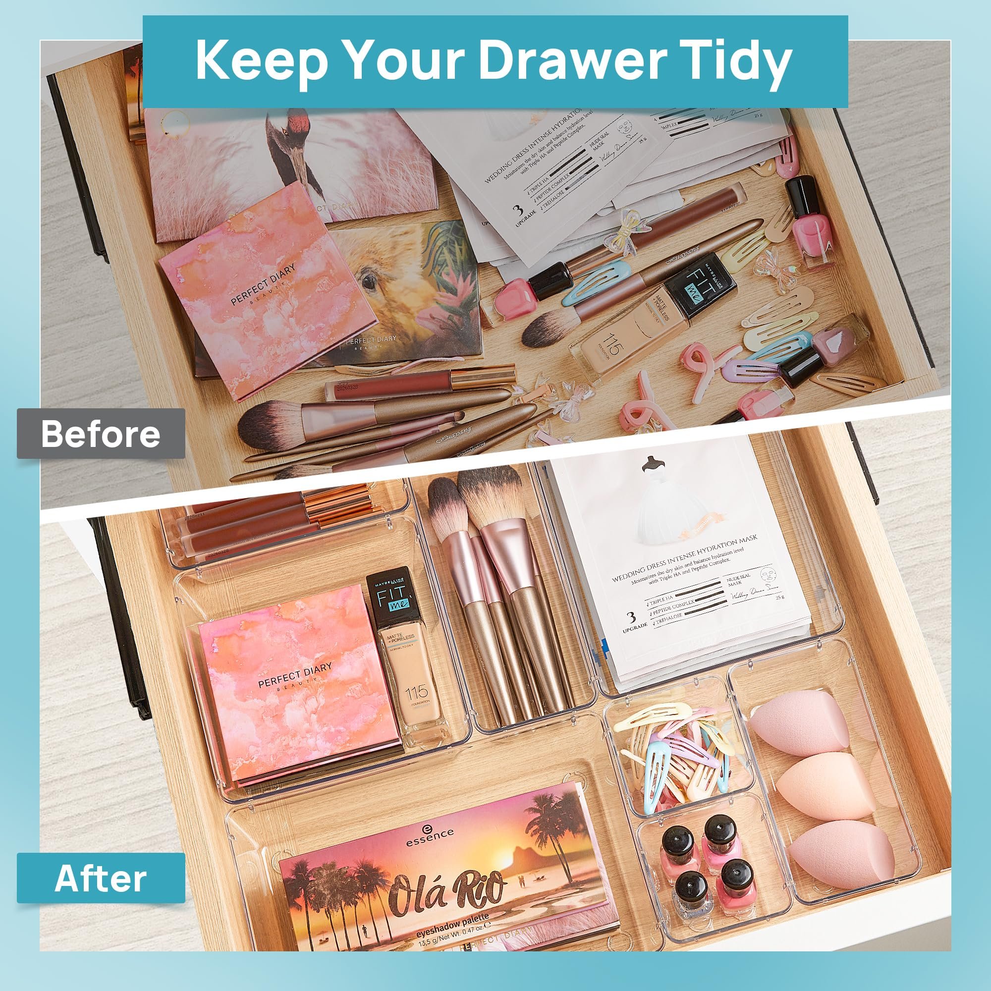15 PCS Clear Plastic Drawer Organizers Set, 4-Size Versatile Bathroom and Vanity Drawer Organizer Trays,Bins for Makeup, Bedroom