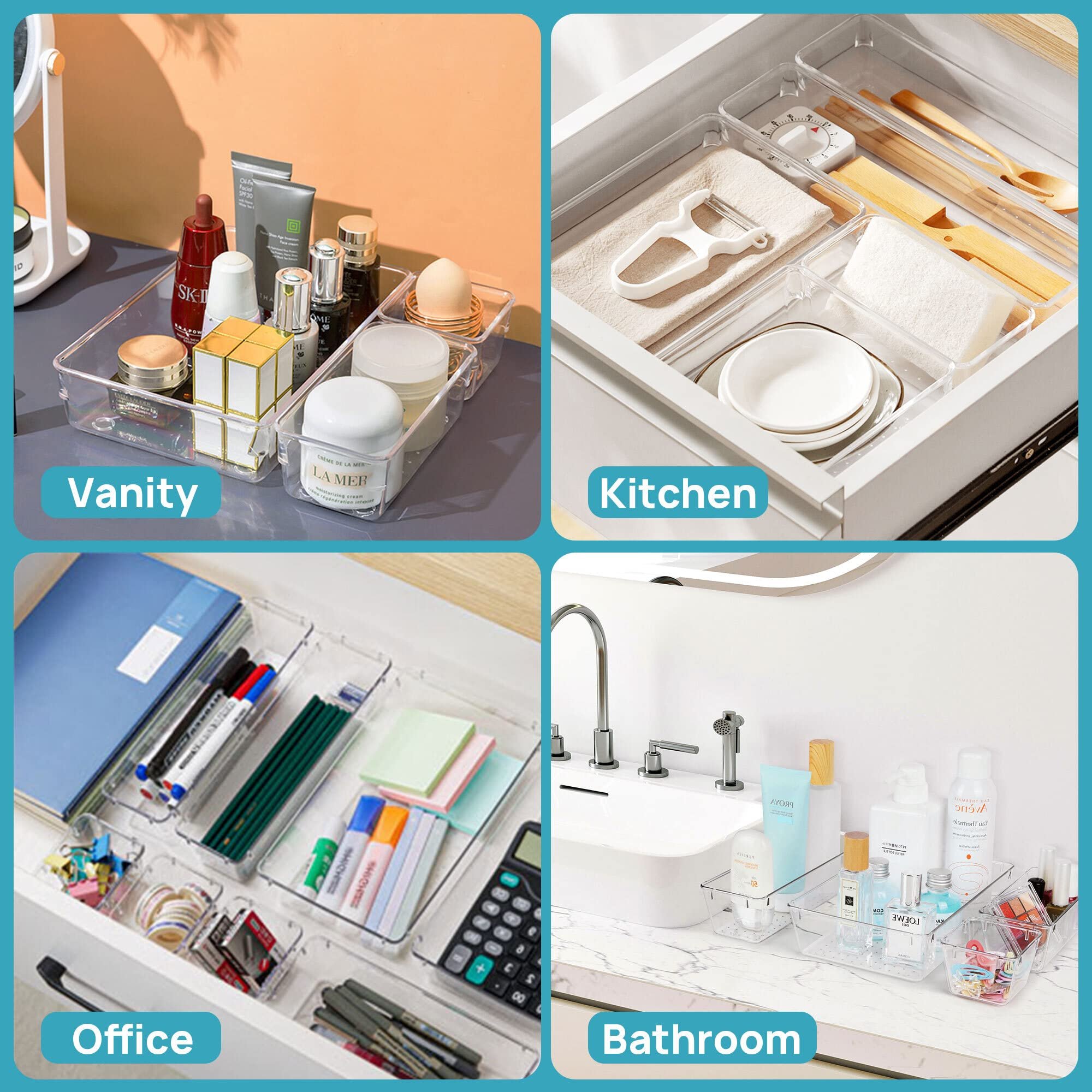 15 PCS Clear Plastic Drawer Organizers Set, 4-Size Versatile Bathroom and Vanity Drawer Organizer Trays,Bins for Makeup, Bedroom