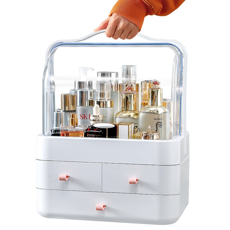 Portable Makeup Organizer Dustproof Cosmetic Storage Box with Handle Waterproof Lid for Vanity Countertop Bedroom Dresser