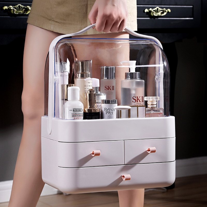 Portable Makeup Organizer Dustproof Cosmetic Storage Box with Handle Waterproof Lid for Vanity Countertop Bedroom Dresser