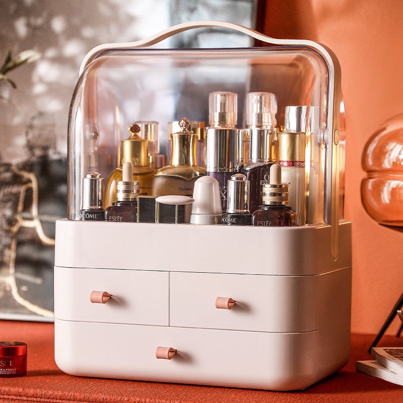 Portable Makeup Organizer Dustproof Cosmetic Storage Box with Handle Waterproof Lid for Vanity Countertop Bedroom Dresser