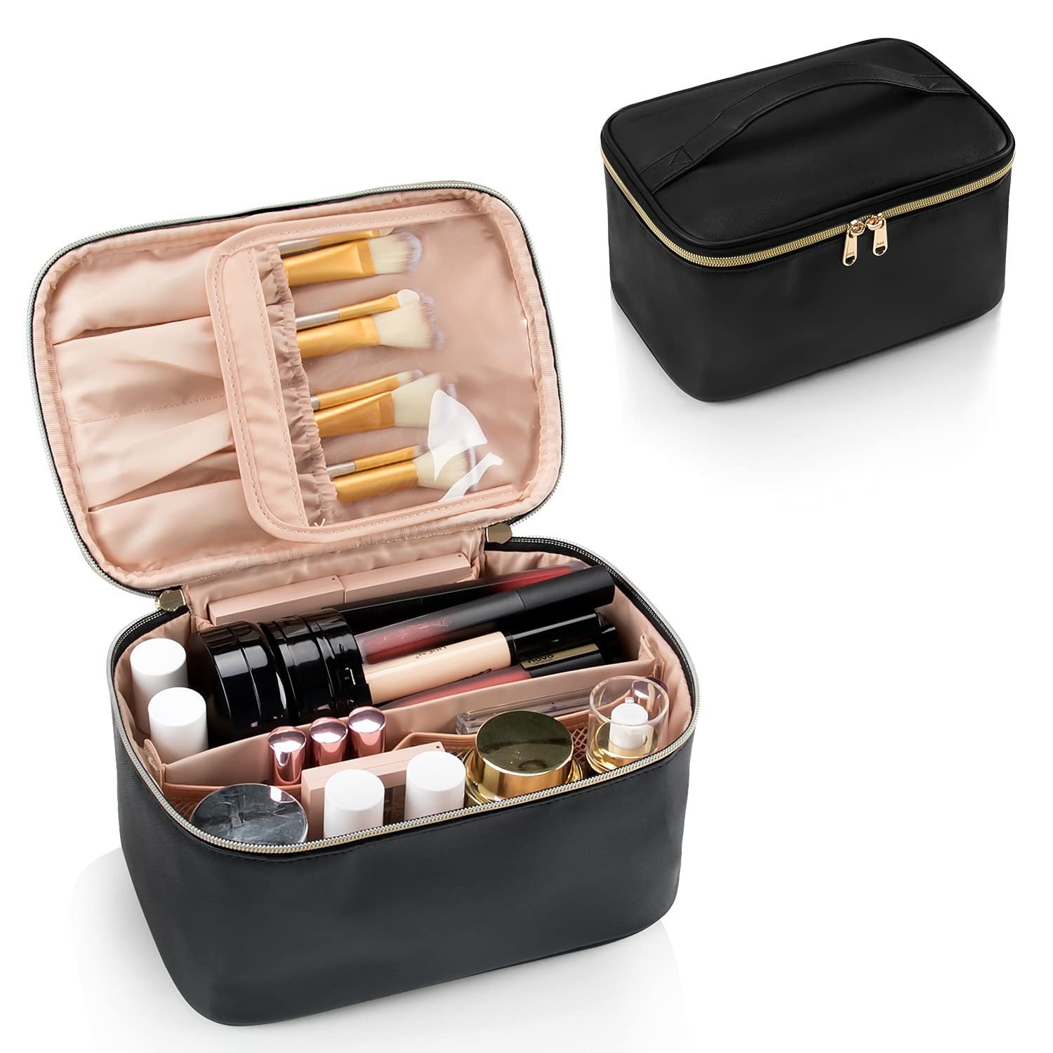 Wholesale Travel Large Capacity Brown PU Leather Multi functional Makeup Cosmetic Bag With Handle And Personalized Custom Logo