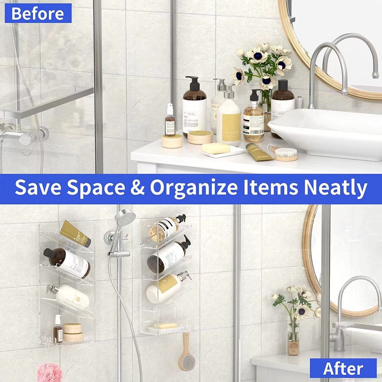 Acrylic Shower Caddy Clear Plastic Shampoo Holder for Wall Bathroom Organizer Shower Organization Storage Rack with Hooks
