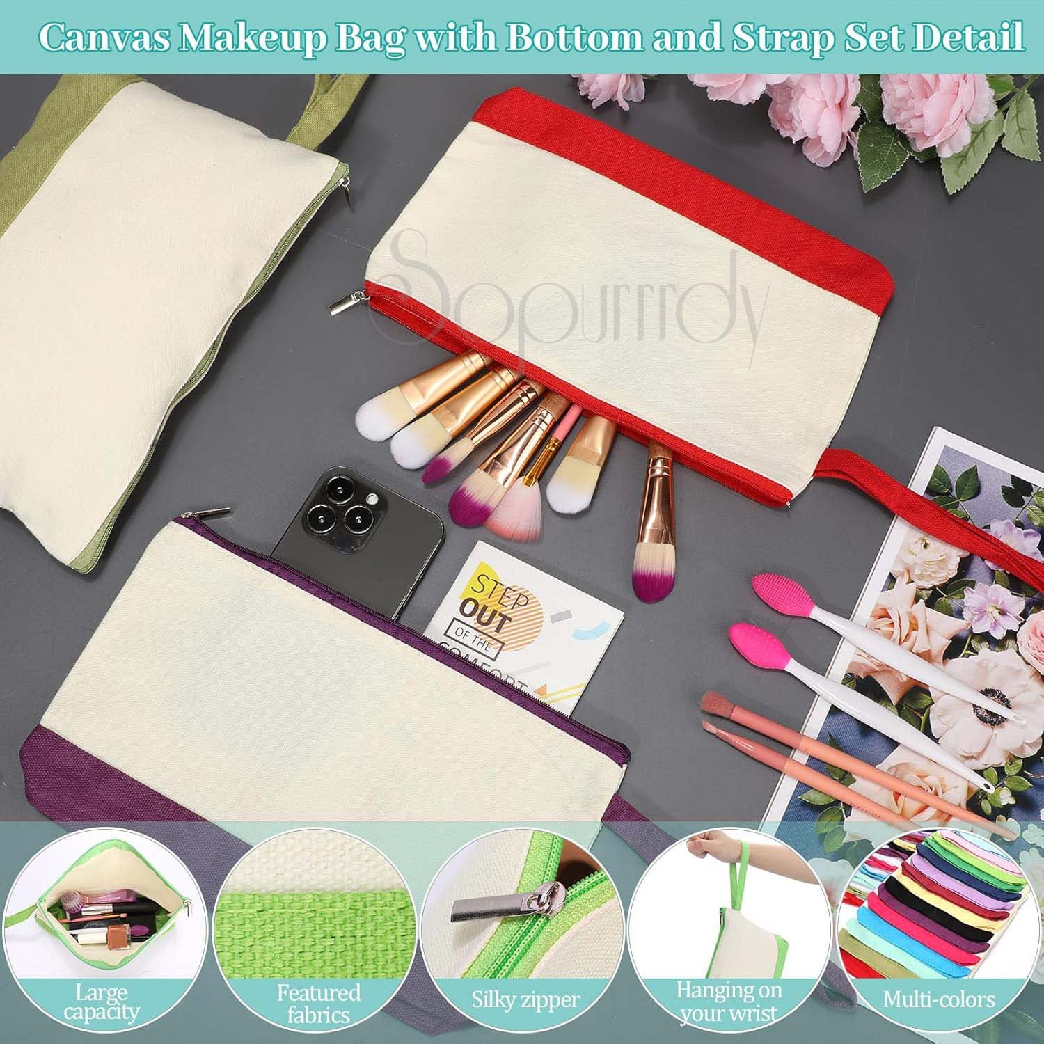 Custom Logo Cotton Canvas Makeup Bags Canvas Cosmetic Bag Two Tone Makeup Bag Bulk With Zipper Blank Pouch With Bottom For Women