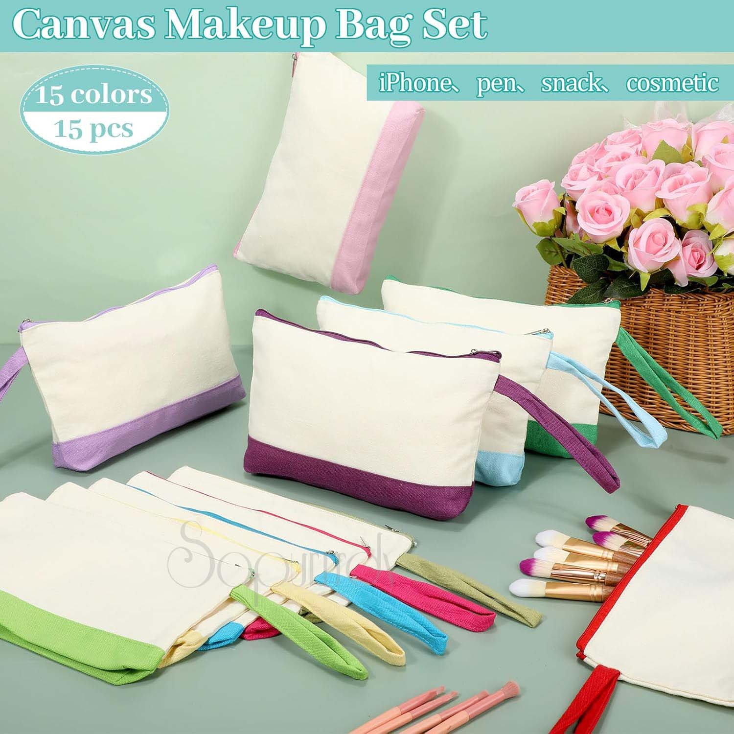 Custom Logo Cotton Canvas Makeup Bags Canvas Cosmetic Bag Two Tone Makeup Bag Bulk With Zipper Blank Pouch With Bottom For Women