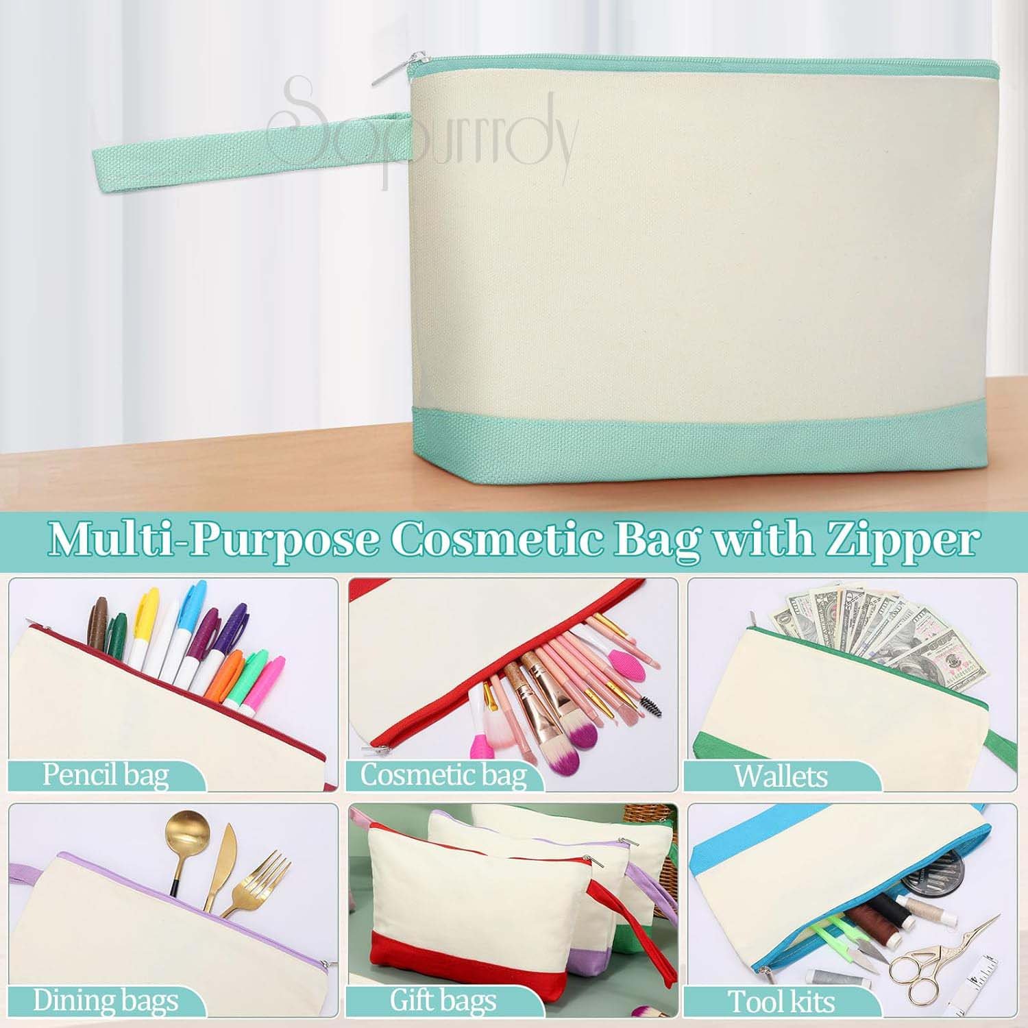 Custom Logo Cotton Canvas Makeup Bags Canvas Cosmetic Bag Two Tone Makeup Bag Bulk With Zipper Blank Pouch With Bottom For Women