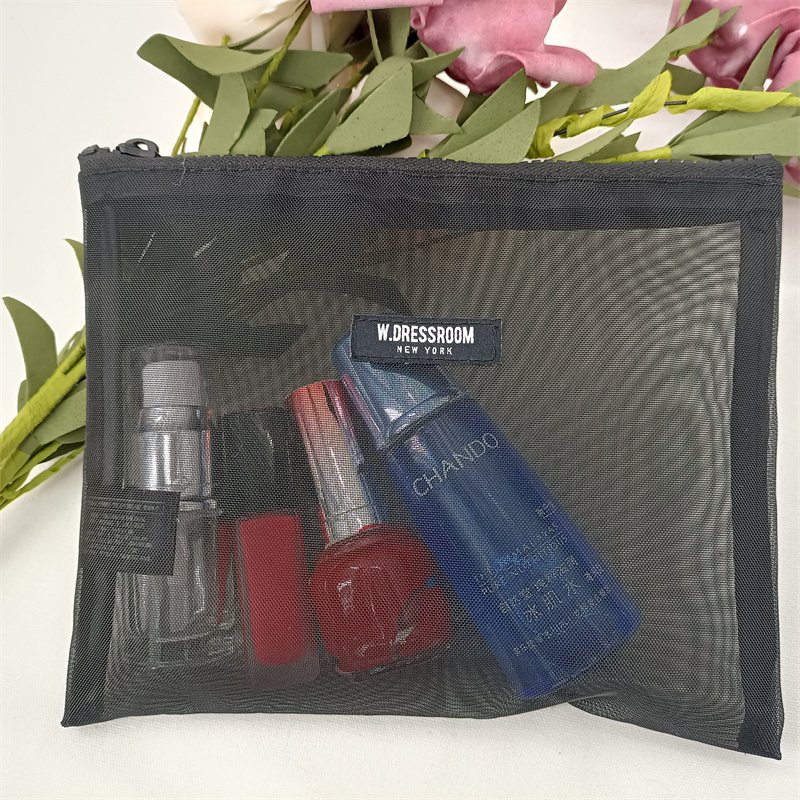 Large Printed Letter Mesh Travel Makeup Pouch Zipper Cosmetic Organizer Bag Nylon Mesh Makeup Bag for Travel