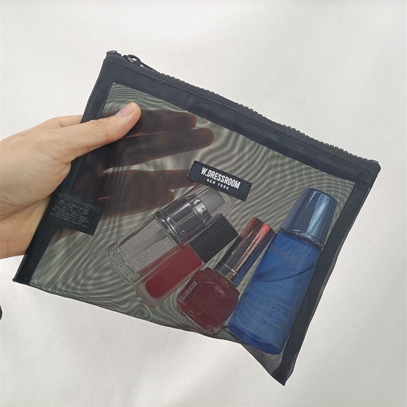 Large Printed Letter Mesh Travel Makeup Pouch Zipper Cosmetic Organizer Bag Nylon Mesh Makeup Bag for Travel
