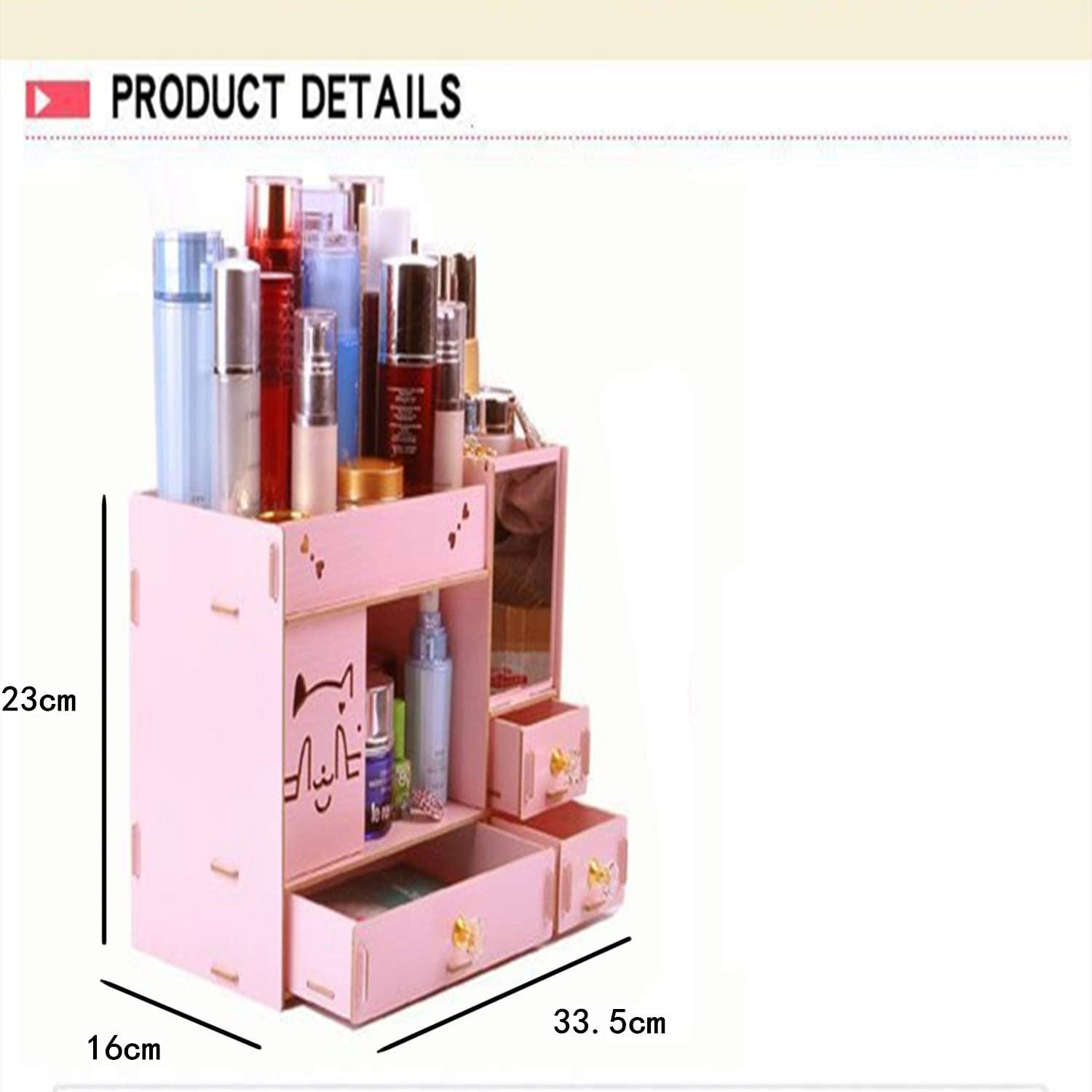 Makeup Organizer Wooden Dresser Organizer, Lipstick Organizers and Storage with Mirror, Makeup Storage Drawers Built-in Mirror R