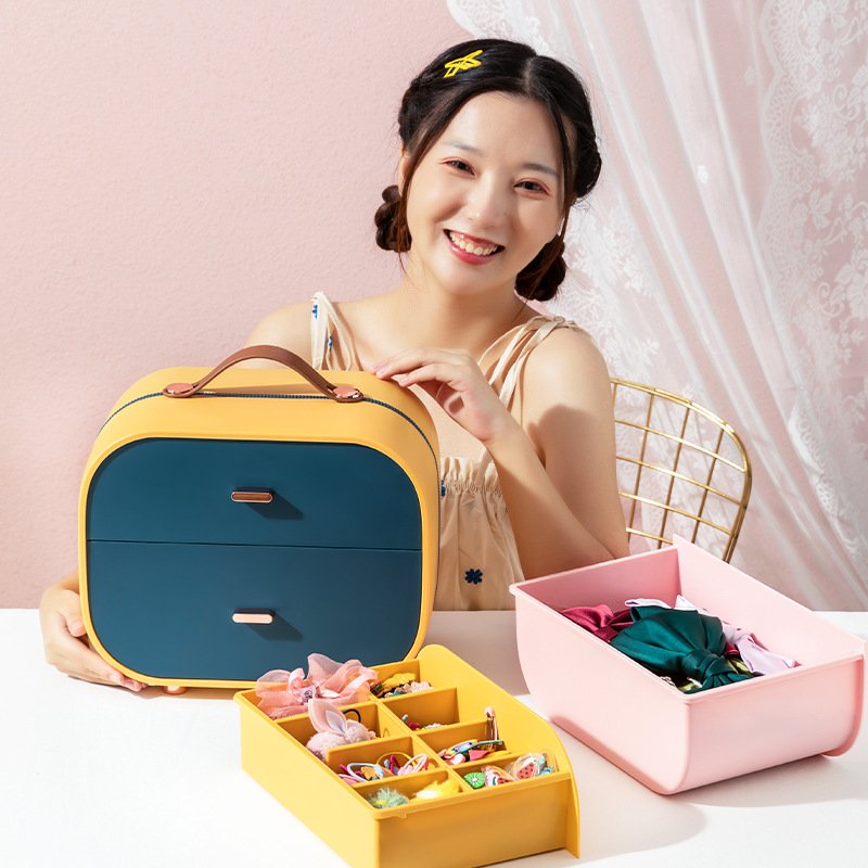 Double layer Hot Sale Hair Accessories Storage Beauty Portable Cosmetics Makeup Box Train Case Travel Makeup Organizer