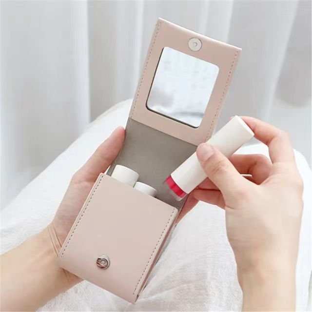 Waterproof PU Leather Lipstick Case With Mirror Mini Custom Lipstick Bag Portable Cosmetic Pouch Holder Makeup Bag