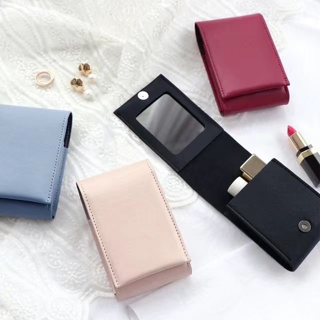 Waterproof PU Leather Lipstick Case With Mirror Mini Custom Lipstick Bag Portable Cosmetic Pouch Holder Makeup Bag